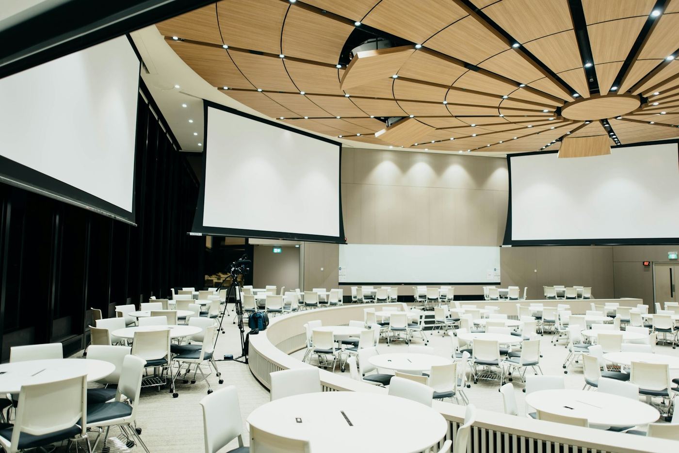 A conference hall set up for an event