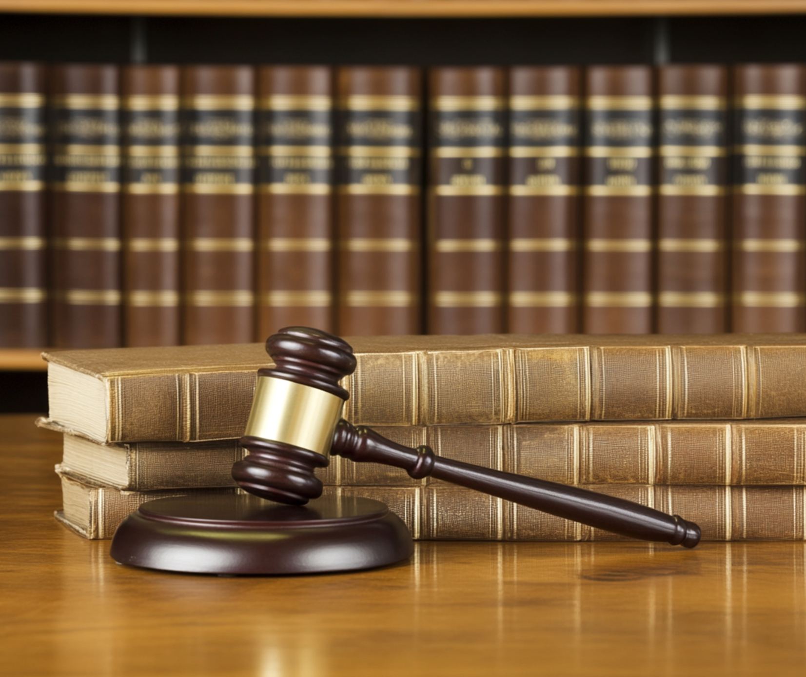 A wooden gavel resting on a desk in front of rows of leather-bound law books