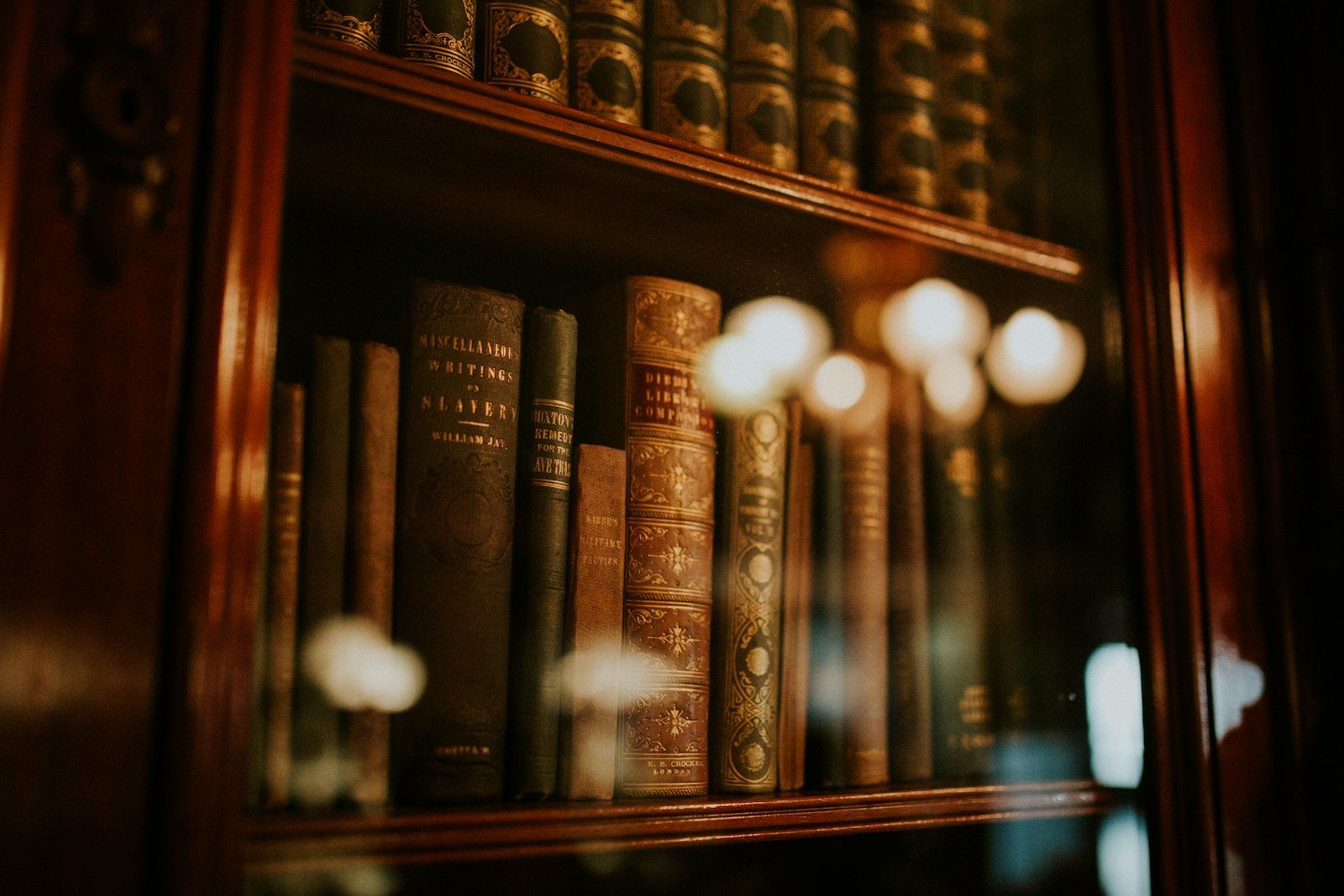 Warm-lit shelves of antique law books